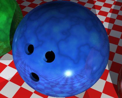 Final render showing three colored bowling balls